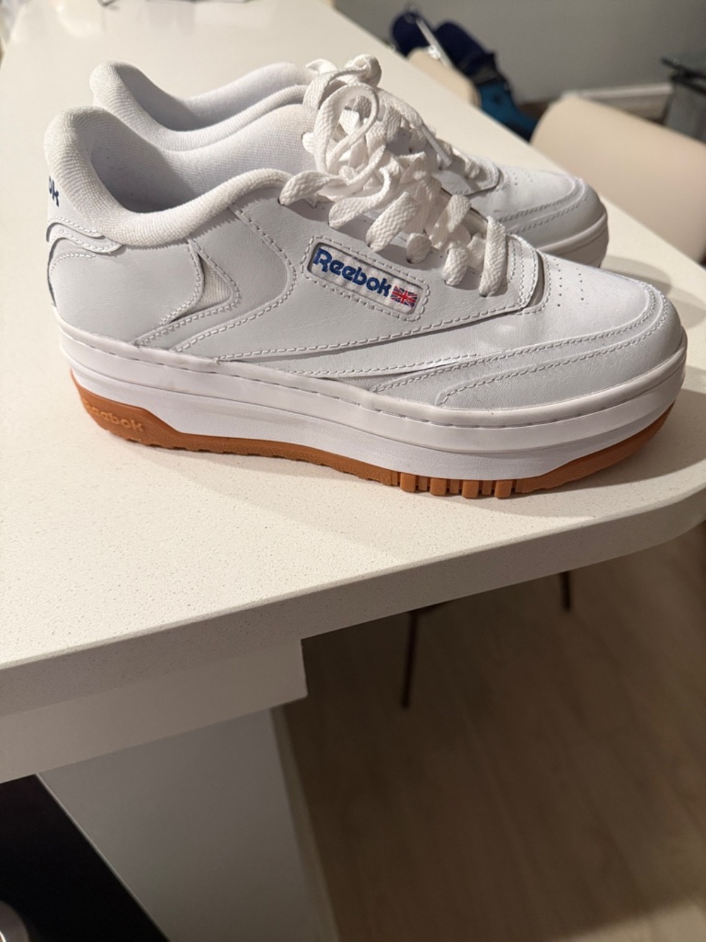 NEVER WORN: Reebok White Leather Platform Sneakers with Gum Outsole